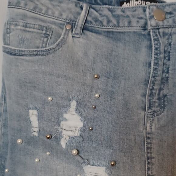 Dollhouse Denim Distress Jeans Skirt With Silver & Pearly Beads. Size 20 - Picture 5 of 16